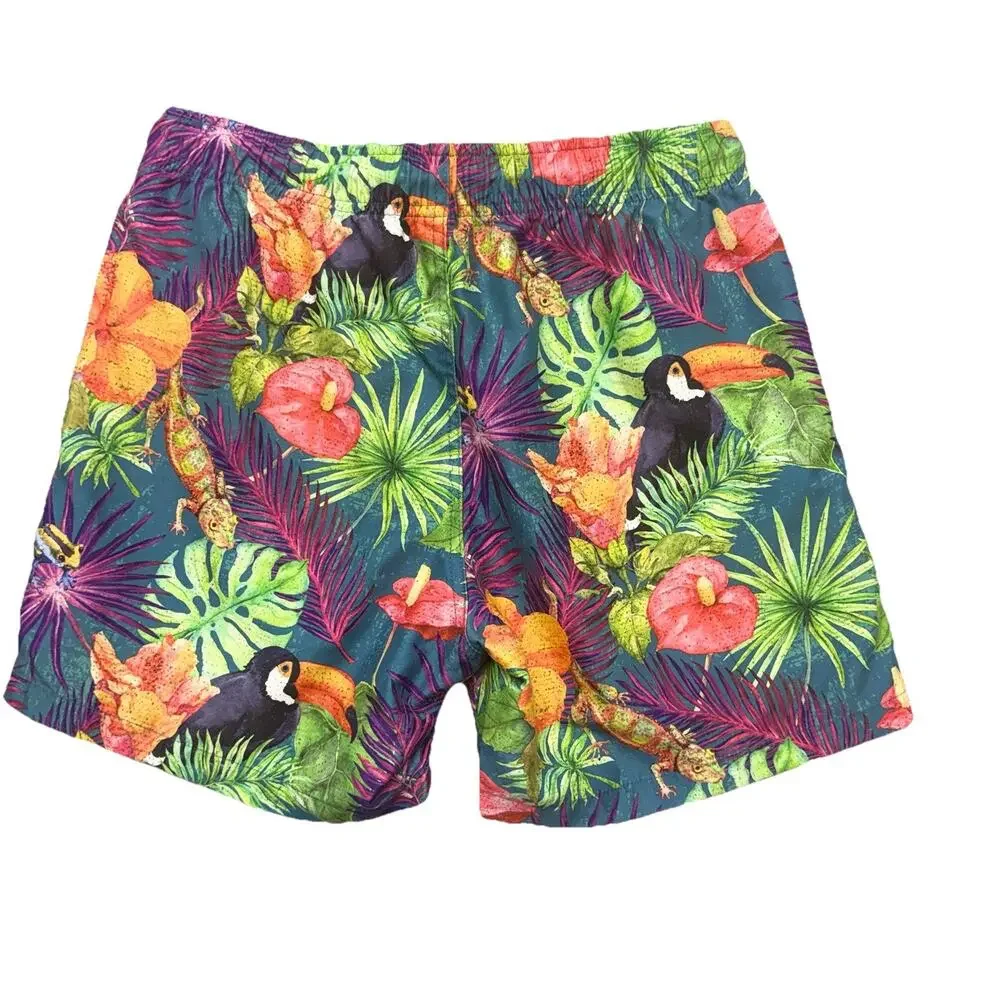 Ring Of Fire Tropical Blue Floral Fiesta Jungle Swim Trunk 6” Shorts Size S